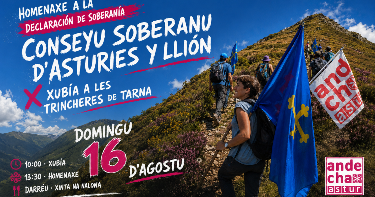 Participantes con asturines xubiendo a les trincheres de Tarna nel cartelu del homenaxe al Conseyu Soberanu d’Asturies y Llión de 2026