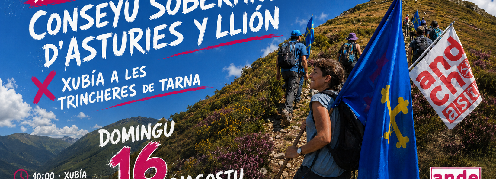 Participantes con asturines xubiendo a les trincheres de Tarna nel cartelu del homenaxe al Conseyu Soberanu d’Asturies y Llión de 2026