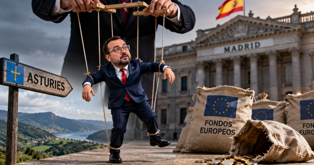 Caricatura política d'Adrián Barbón como títere controláu dende Madrid, con fondos europeos ensin aprovechar y Asturies al fondu.