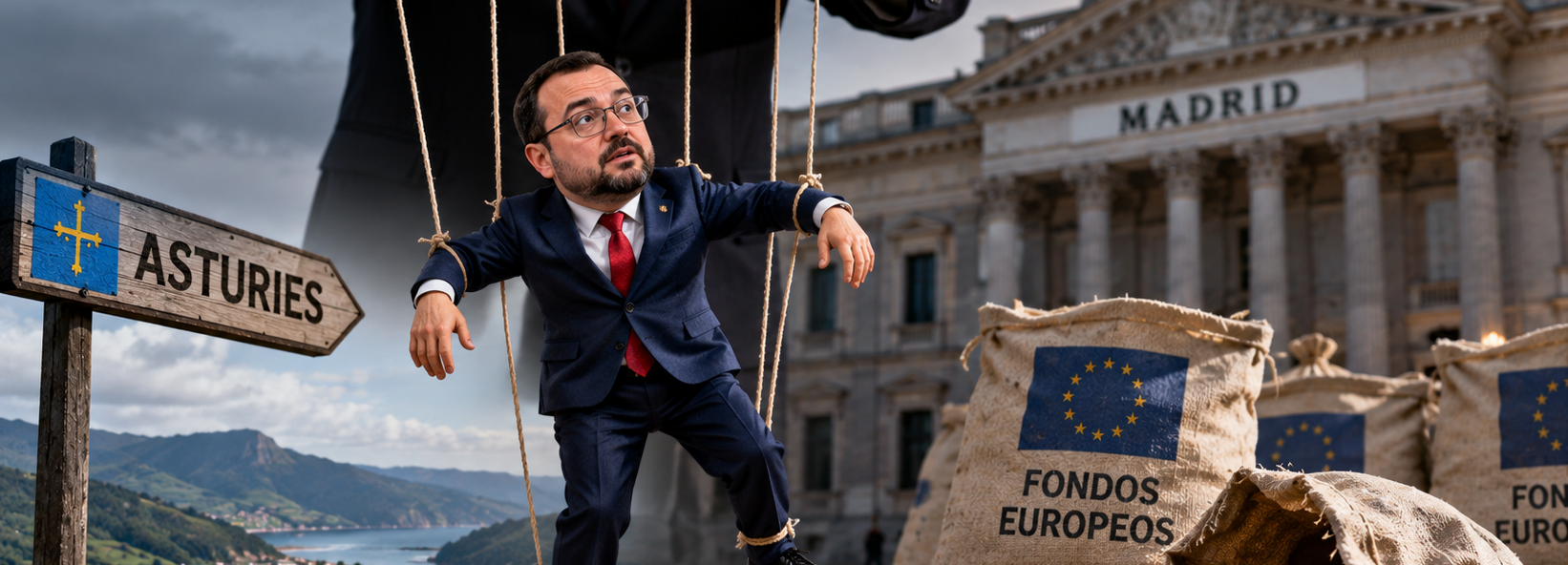 Caricatura política d'Adrián Barbón como títere controláu dende Madrid, con fondos europeos ensin aprovechar y Asturies al fondu.