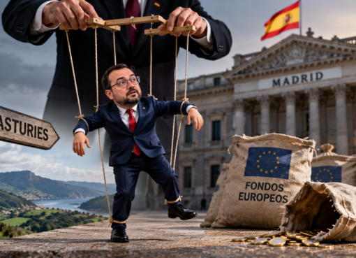 Caricatura política d'Adrián Barbón como títere controláu dende Madrid, con fondos europeos ensin aprovechar y Asturies al fondu.