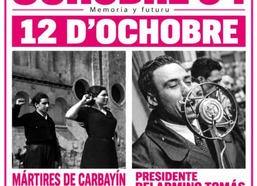Cartelu de los homenaxes d’Ochobre del 34 del 12 d’ochobre de 2026: Carbayín a les 12:30 y Pando a les 13:30.